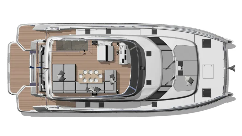Slide: The Image of Flybridge Layout Overview The flybridge of the 2027 Prestige M6 EVO offers a spacious and luxurious setting, perfect for entertaining and relaxation. It features ample seating with plush cushions, a large dining table, and a well-equipped wet bar for convenience. The layout provid - 7312520