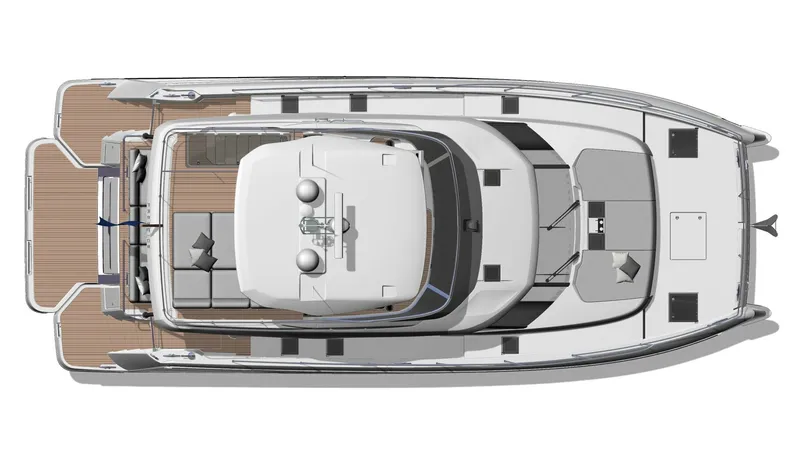 Slide: The Image of Top-Down View of Flybridge and Deck This image showcases a top-down view of the NEW PRESTIGE M6 EVO, highlighting the spacious flybridge and deck areas. The flybridge is equipped with comfortable seating and a helm station, ideal for navigation and relaxation. The deck features elegant teak - 7312519