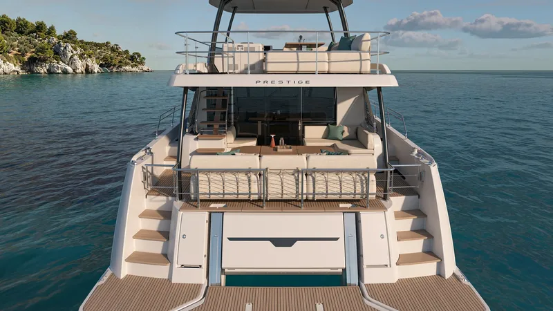 Slide: The Image of Stern View with Dual Decks The NEW PRESTIGE M6 EVO features a stunning stern area with dual decks, providing ample space for relaxation and entertainment. The lower deck offers comfortable seating with plush cushions, perfect for enjoying the sea breeze. The upper deck, accessible - 7312515