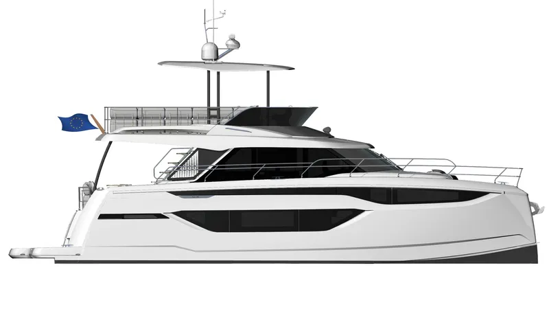 Slide: The Image of Starboard Profile View of M6 EVO This side profile of the NEW PRESTIGE M6 EVO showcases its sleek and modern design, emphasizing the elegant lines and spacious flybridge. The expansive windows along the hull provide ample natural light and panoramic views, enhancing the onboard experienc - 7312518