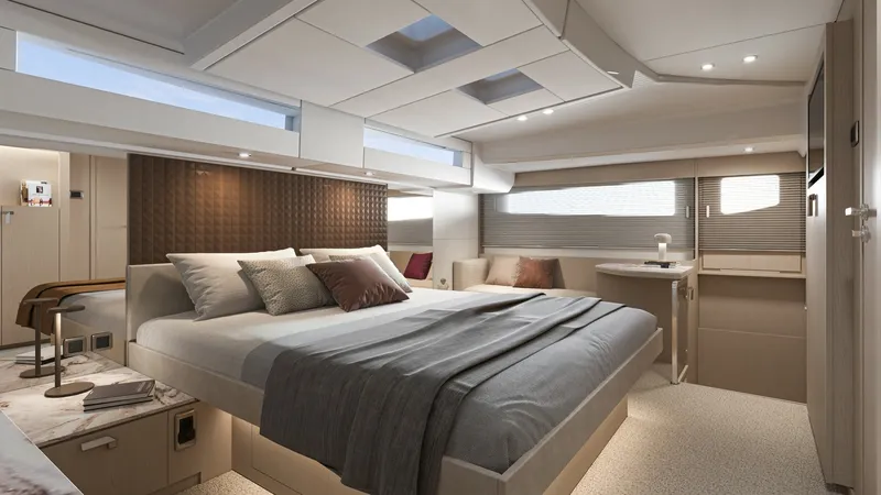 Slide: The Image of Luxurious Master Stateroom The master stateroom of the 2027 NEW PRESTIGE M6 EVO offers a serene retreat with its spacious layout and elegant design. Featuring a plush king-size bed, soft ambient lighting, and large windows, this space is designed for ultimate comfort and relaxation - 7312516