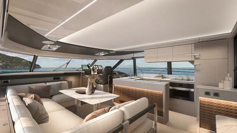 Slide: The Image of Modern Salon with Open Galley The salon of the 2027 Prestige M6 EVO features a contemporary open layout, seamlessly integrating the living area with a state-of-the-art galley. Elegant finishes, including sleek cabinetry and ambient lighting, enhance the sophisticated atmosphere. Expan - 7312513
