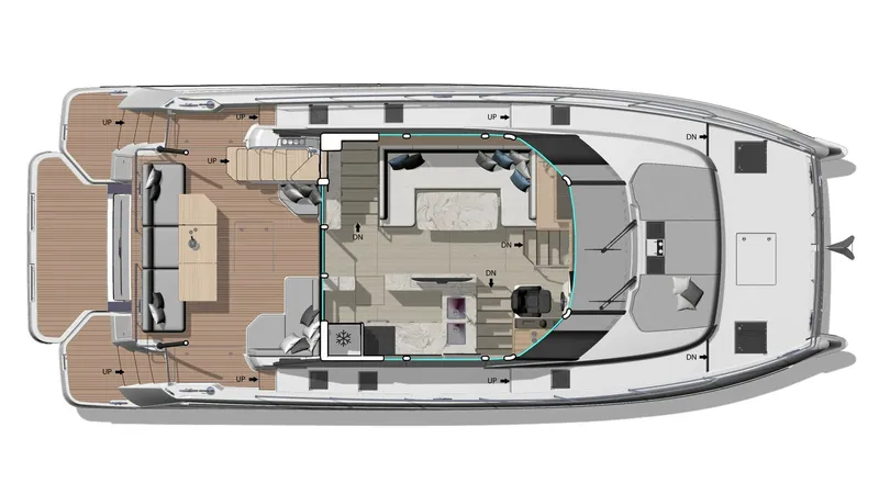 Slide: The Image of Main Deck Layout Overview This image showcases the main deck layout of the NEW PRESTIGE M6 EVO, 2027 model. The spacious aft deck features a dining area perfect for al fresco meals, while the interior boasts a luxurious salon with ample seating. The well-planned layout includes ea - 7312521