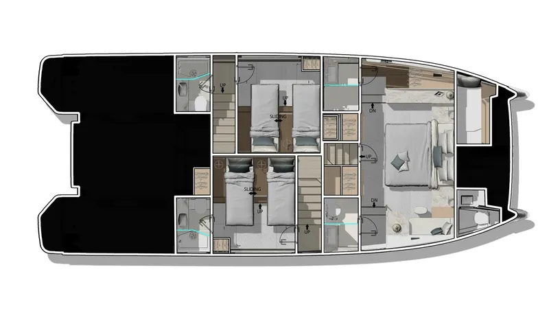 Slide: The Image of Lower Deck Cabin Layout This layout showcases the sophisticated design of the NEW PRESTIGE M6 EVO's lower deck. Featuring a spacious master suite with an en-suite bathroom, the layout also includes two additional cabins with twin beds, perfect for accommodating guests in comfort - 7312522