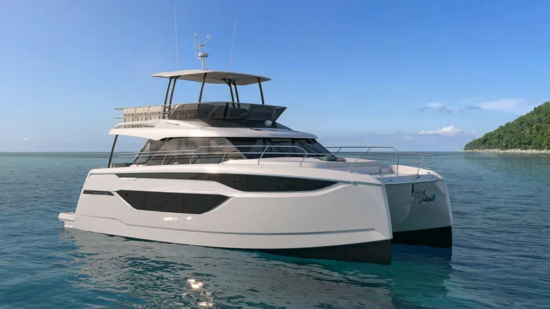 The Image of Exterior Starboard View in Open Water The NEW PRESTIGE M6 EVO, a 2027 model, is showcased from the starboard side, highlighting its sleek and modern design. The vessel features an expansive flybridge, providing an elevated view and ample lounging space. Its streamlined hull and large windows - 7312512
