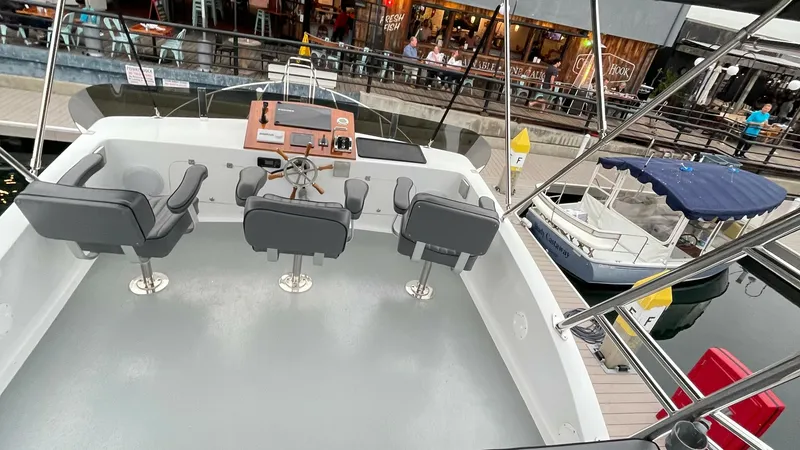 Slide: The Image of Flybridge Helm with Seating The flybridge of the BEAR FLAG III features a well-appointed helm station with three comfortable captain's chairs, providing excellent visibility and control. The spacious layout is ideal for socializing while navigating, with modern instrumentation and c - 7398005