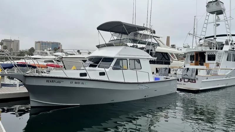 The Image of Port Side View of Flybridge Sportfish The 2019 Donelle 36 Flybridge Sportfish, BEAR FLAG III, is shown docked with a clear view of its port side. The flybridge is well-equipped with a bimini top for shade, providing an excellent vantage point for navigating and fishing. The vessel's sleek lin - 7397985