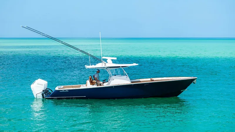 Slide: The Image of Side Profile of V-37 on Water The 2024 Valhalla Boatworks V-37 'BIRD' is showcased cruising through serene turquoise waters. Its sleek hull design and powerful outboard engines offer both style and performance. The spacious deck and T-top provide optimal functionality and comfort for - 7471233