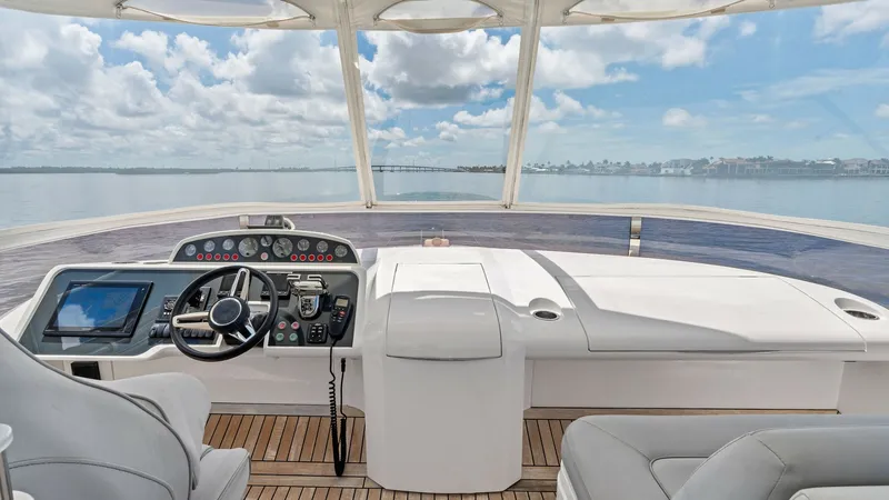 Slide: The Image of Flybridge Helm Station View The flybridge helm of the Princess 64 offers a commanding view with state-of-the-art navigation systems and ergonomic controls. The spacious layout includes plush seating and teak decking, providing both comfort and style. The panoramic views and sleek co - 7460853