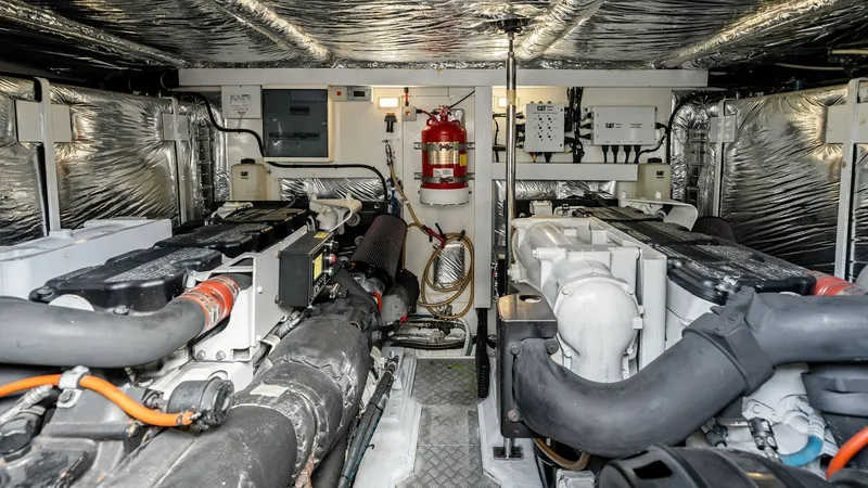 Slide: The Image of Engine Room with Twin CAT C18 ACERT Engines The engine room of the 2016 Princess 64 Flybridge showcases twin powerful engines, meticulously organized for optimal performance. The space is well-lit and insulated, ensuring efficient operation and maintenance. With easy access to key components, this - 7460882