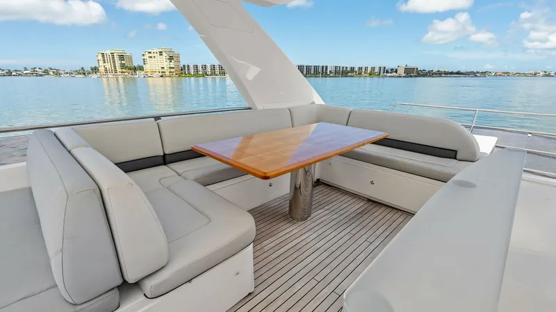 Slide: The Image of Flybridge Seating Area with Teak Table This inviting flybridge seating area on the 2016 Princess 64 features plush, wrap-around upholstery perfect for socializing. The elegant teak table is ideal for alfresco dining while enjoying panoramic views. The spacious layout and high-quality finishes - 7460857