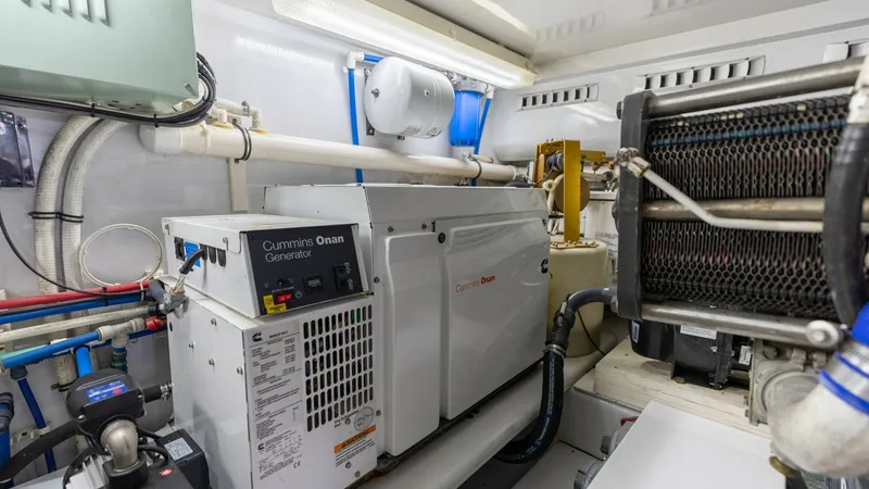 Slide: The Image of Engine Room with Cummins Onan Generator This engine room showcases a well-maintained Cummins Onan generator, essential for reliable power supply onboard. The space is efficiently organized with accessible piping and ventilation, ensuring optimal performance and safety. Bright lighting and a cle - 7469793