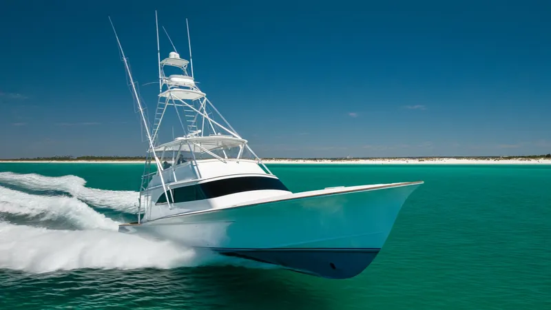 Slide: The Image of Dynamic Bow View in Motion This striking image captures the sleek bow of the 2006 Blackwell 65 Convertible cutting through the vibrant turquoise waters. The vessel's polished finish and aerodynamic design are highlighted, showcasing its capability and elegance. The towering flybrid - 7469801