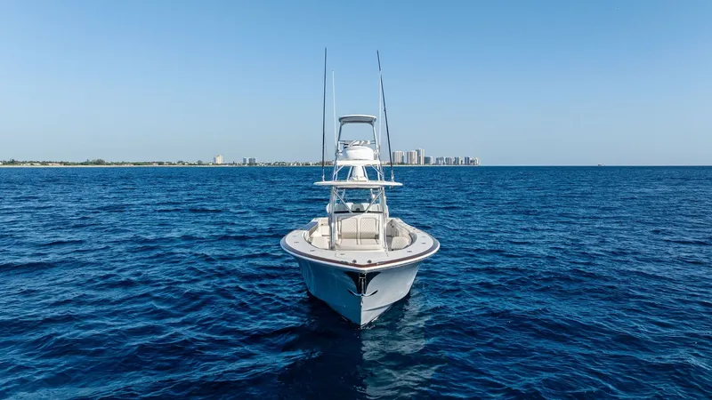 Slide: The Image of Bow View with Tower This striking bow view of the 2025 Valhalla V-41 showcases its sleek lines and robust presence on the water. The image highlights the vessel's elevated tower, offering excellent visibility for navigation and sportfishing. The open deck design ensures ampl - 7517271
