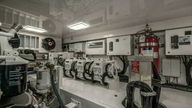 Slide: The Image of Engine Room with Advanced Systems The engine room of the 2023 Viking 64 Convertible showcases state-of-the-art systems and meticulous organization. Featuring advanced control panels and neatly arranged wiring, this space is designed for optimal functionality and ease of maintenance. The w - 7600561