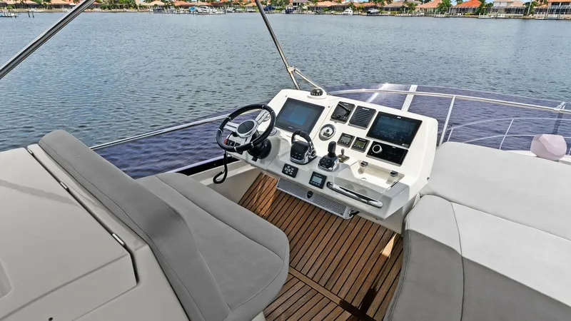Slide: The Image of Flybridge Helm Station The flybridge helm station of the 2015 Prestige 500 Fly offers a commanding view and advanced navigation equipment. Featuring a sleek dashboard with multiple displays and controls, it ensures a seamless piloting experience. The teak decking and comfortabl - 7603759