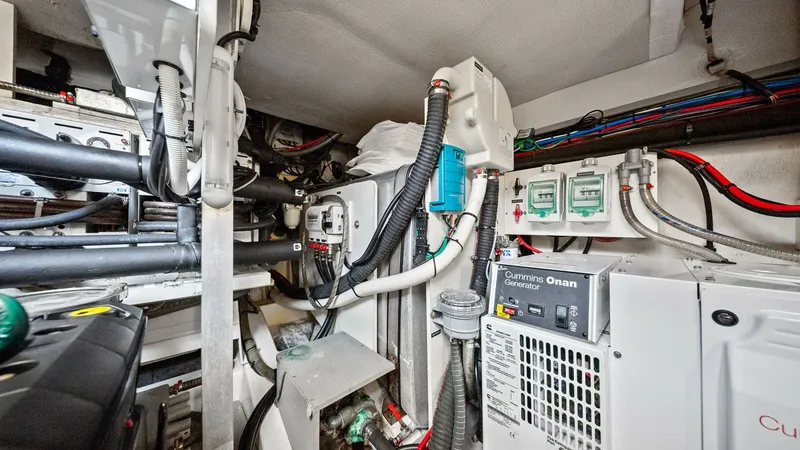Slide: The Image of Engine Room with Generator The engine room of the 2015 Prestige 500 Fly features a well-organized layout with a Cummins Onan generator, providing reliable power for all onboard systems. The space is efficiently utilized with clearly labeled electrical panels and neatly arranged pip - 7603824