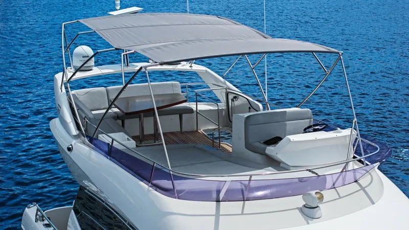 Slide: The Image of Spacious Flybridge with Canopy The flybridge of the 2015 Prestige 500 Fly offers ample seating with plush cushions, ideal for socializing or enjoying panoramic views. A sleek canopy provides shade, enhancing comfort on sunny days. The elegant design and high-quality materials create a - 7603839