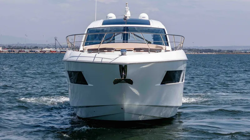 Slide: The Image of 2017 Cruisers 60 Cantius, 'Rising Star' This striking bow view of the 2017 Cruisers 60 Cantius showcases its sleek and modern design. The vessel's streamlined hull enhances hydrodynamic performance, while the expansive deck space provides excellent visibility and comfort. Stainless steel railin - 7603884