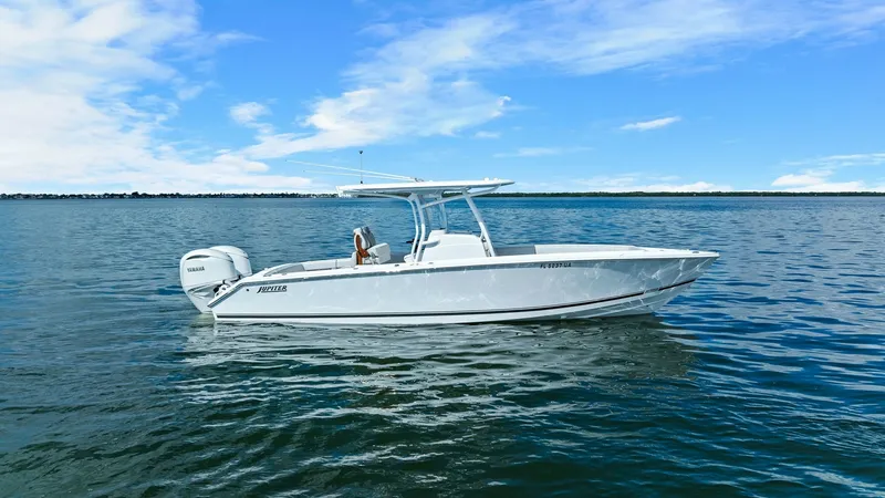 The Image of Starboard Profile of 2025 Jupiter 30 HFS The sleek starboard profile of the 2025 Jupiter 30 HFS showcases its modern design and performance capabilities. This center console boat is equipped with powerful twin engines, offering exceptional speed and maneuverability. The clean lines and spacious - 7718712