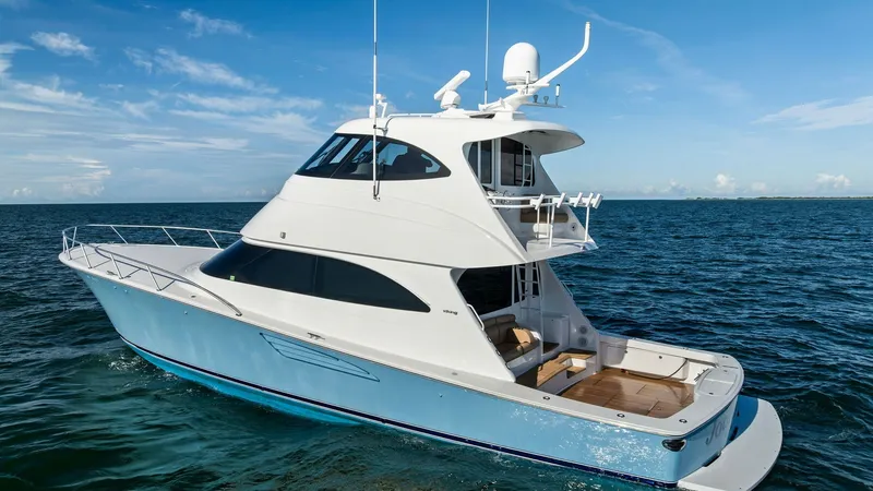 Slide: The Image of Sleek Exterior with Enclosed Bridge This image showcases the Viking 62 Enclosed Bridge yacht, featuring a streamlined design with a spacious aft deck. The vessel's sleek white hull is complemented by modern lines and a well-appointed enclosed bridge. Ideal for both cruising and fishing, the - 7751305
