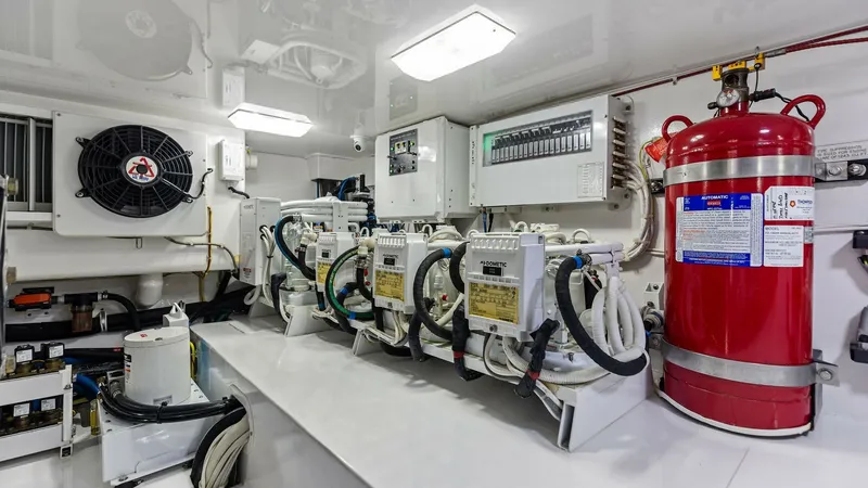 Slide: The Image of Engine Room with Equipment This image showcases the well-organized engine room of the Viking 62 Enclosed Bridge, Joan's Boys. The room is equipped with essential machinery and components, including a fire suppression system and electrical panels, ensuring both safety and operationa - 7751295