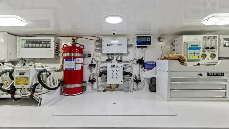Slide: The Image of Engine Room Control Panel This image showcases the meticulously organized engine room of the Viking 62 Enclosed Bridge. Featured prominently are the advanced control panels and safety systems, including a fire extinguisher for added security. The pristine layout and high-quality c - 7751293