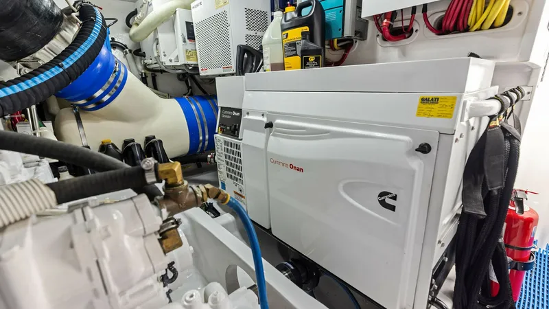 Slide: The Image of Engine Room with Generator Systems This image showcases the well-organized engine room of the 2018 Viking 62 Enclosed Bridge, highlighting a Cummins Onan generator. The space is efficiently designed with neatly arranged wiring and high-quality components, ensuring optimal performance and e - 7751302