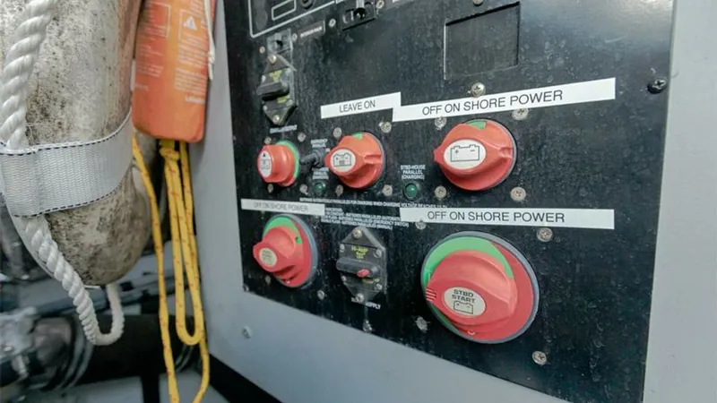 Slide: The Image of Electrical Control Panel This image showcases the electrical control panel of the 2006 Meridian 391 Sedan. The panel includes clearly labeled switches and controls for managing shore power connections, ensuring efficient and safe operation. The layout is user-friendly, providing - 7766953