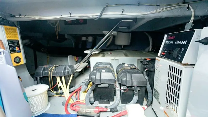 Slide: The Image of Engine Room with Marine Genset This image showcases the well-organized engine room of the 2006 Meridian 391 Sedan, featuring an Onan Marine Genset. The space is efficiently arranged with accessible battery compartments and neatly routed wiring, ensuring ease of maintenance. The clean l - 7766951