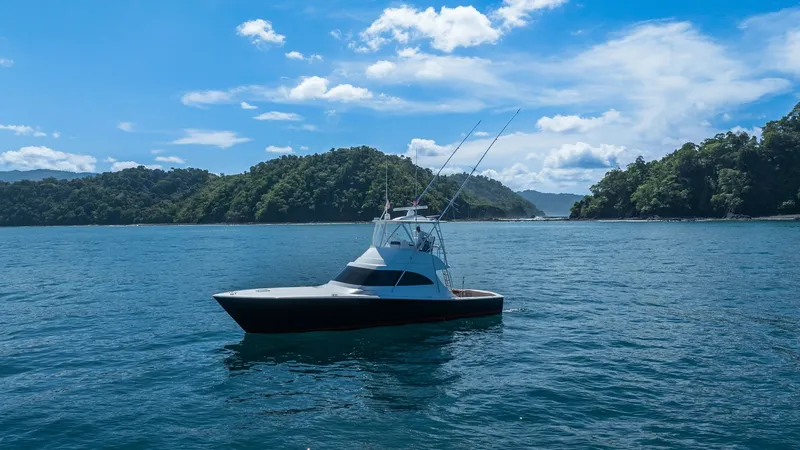 Slide: The Image of Viking 46 BF on Open Water The 2020 Viking 46 BF, named JUJU, is seen gracefully cruising on open water, showcasing its sleek and powerful profile. This sportfishing vessel combines performance with luxury, featuring a distinctive flybridge and robust lines. Ideal for enthusiasts, - 7854775