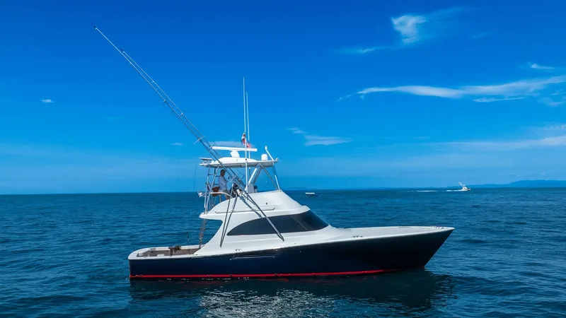 Slide: The Image of Side Profile of Viking 46 BF The sleek and powerful Viking 46 BF is shown in clear blue waters, showcasing its elegant design and robust construction. The vessel features a distinctive flybridge with ample space for navigation and observation, complemented by a streamlined hull for o - 7854773