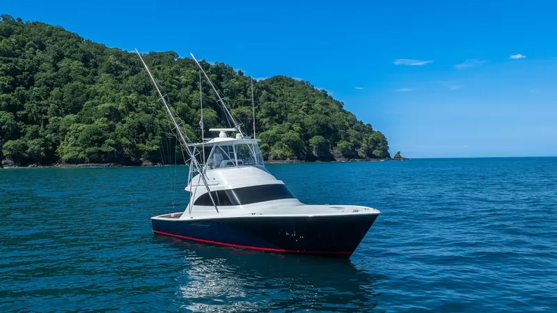 Slide: The Image of Viking 46 BF Bow View at Sea The Viking 46 BF, named JUJU, showcases its sleek bow design while anchored in tranquil waters. This 2020 model presents a striking profile with its aerodynamic lines and robust hull, ideal for offshore adventures. The fishing outriggers and elevated flyb - 7854774