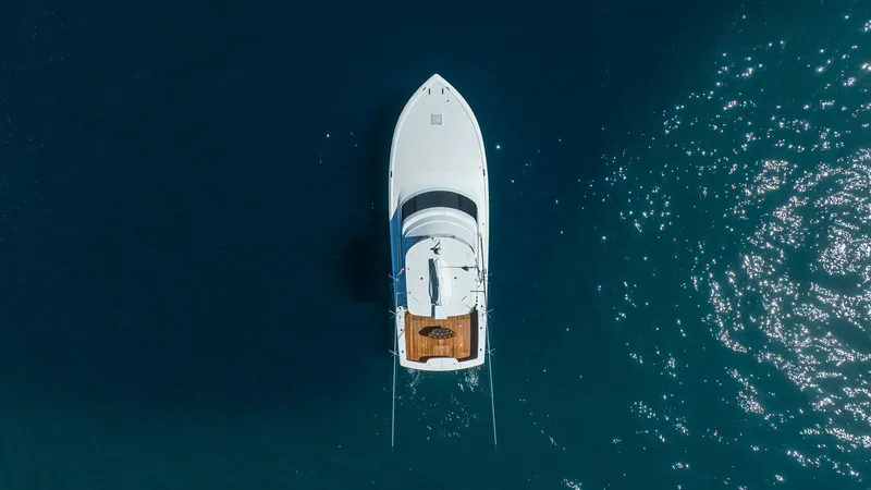 Slide: The Image of Aerial View of Forward Deck The aerial perspective showcases the sleek design of the Viking 46 BF's forward deck. The spacious bow area features a clean, unobstructed layout, ideal for relaxation and enjoying panoramic ocean views. The vessel's elegant lines and craftsmanship are hi - 7854781