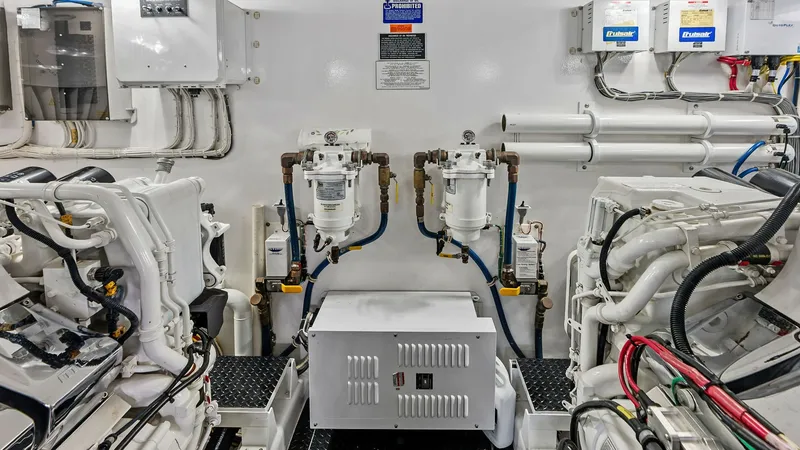 Slide: The Image of Engine Room with Dual Fuel Filters The engine room of the 2017 Viking 80 Convertible features an immaculate and well-organized layout. Prominent dual fuel filters ensure optimal engine performance and reliability. The space is equipped with advanced systems for efficient operation, highlig - 7932707