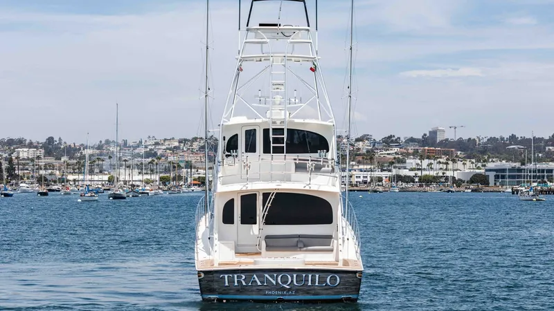 Slide: The Image of 2014 Viking 76 Enclosed Bridge "TRANQUILO" This image showcases the aft view of the 2014 Viking 76 Enclosed Bridge Sportfisher, 'TRANQUILO'. The spacious cockpit is designed for serious sportfishing, featuring ample space for gear and movement. Above, the commanding tower allows for excellent visi - 7962522