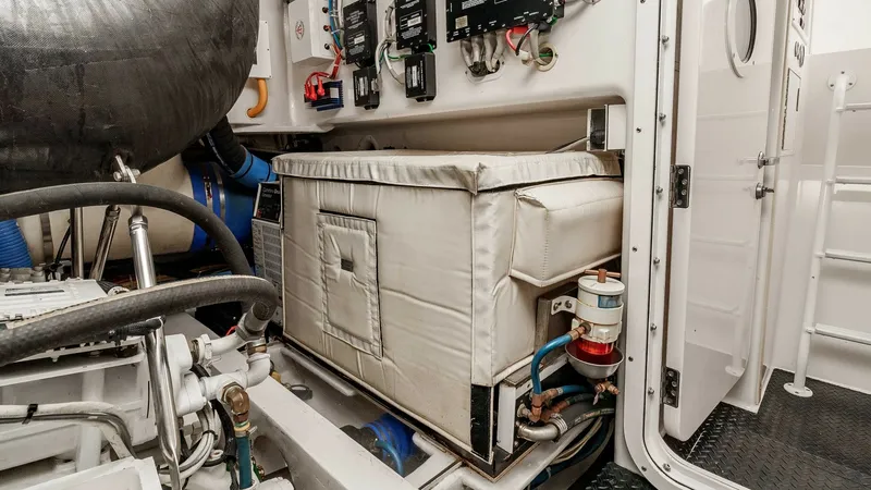 Slide: The Image of 2014 Viking 76 Enclosed Bridge "TRANQUILO" The engine room of the 2014 Viking 76 Enclosed Bridge Sportfisher showcases well-organized machinery with insulated components for optimal performance. The space is efficiently designed with easy access to essential systems and control panels, ensuring sm - 7962500