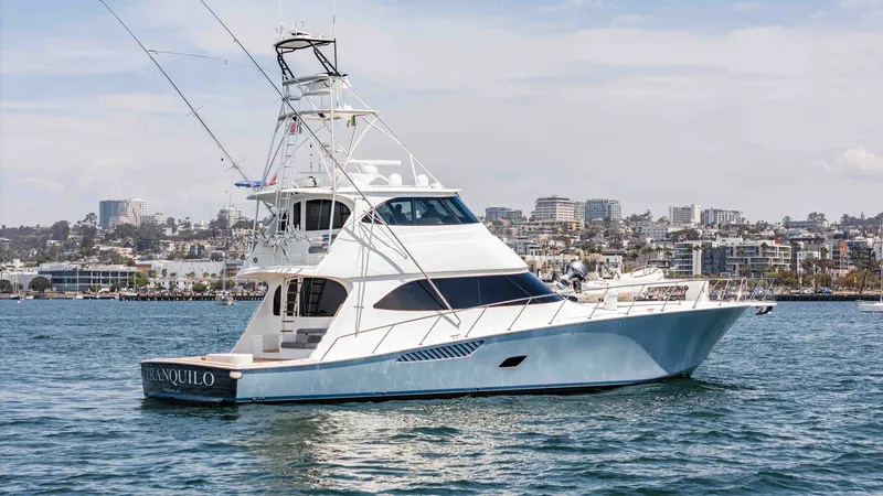 Slide: The Image of 2014 Viking 76 Enclosed Bridge "TRANQUILO" The 2014 Viking 76 Enclosed Bridge Sportfisher, named TRANQUILO, showcases its sleek and powerful design on open water. Its elegant profile features a spacious aft deck ideal for fishing or relaxation, complemented by a robust enclosed bridge for optimal - 7962525
