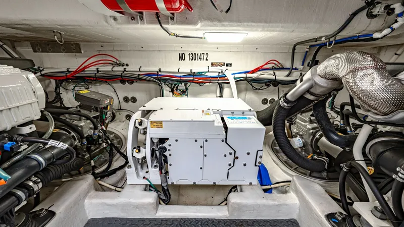 Slide: The Image of Engine Room with Generator Setup The engine room of the 2019 Cruisers Yachts Cantius 46 showcases a well-organized layout, featuring a centrally positioned generator. The space is meticulously arranged with clearly labeled wiring and robust piping, ensuring efficient operation and easy m - 8141279