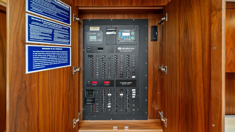 Slide: The Image of Electrical Panel Cabinet Interior This image showcases the neatly organized electrical panel within a beautifully crafted wood cabinet aboard the 2017 Hatteras GT45X, SEA'N ME TOO. The panel is equipped with labeled switches and gauges, ensuring efficient and user-friendly operation. The - 8439531