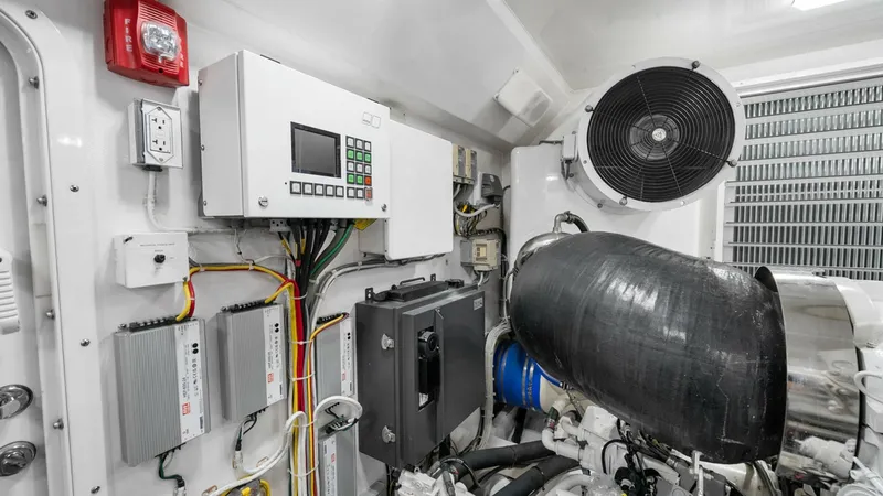 Slide: The Image of Engine Room with Electrical Systems This image showcases the engine room of the Viking 92 Enclosed Bridge, featuring a meticulously organized electrical system. The space is equipped with advanced control panels and efficient wiring, emphasizing the vessel's modern engineering. The clean la - 8439630