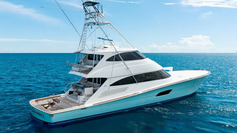 Slide: The Image of Side View of Enclosed Bridge Yacht This image showcases the sleek profile of the 2017 Viking 92 Enclosed Bridge, 'Double Barrel.' The vessel features a striking enclosed bridge with expansive windows, providing panoramic views and protection from the elements. The spacious aft deck offers - 8439644
