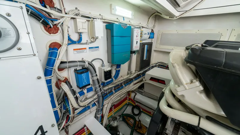Slide: The Image of Engine Room Electrical Systems View This image showcases the well-organized engine room of the 2020 Cabo 40 Express, featuring a meticulous layout of electrical systems and wiring. The neatly arranged conduits and control panels highlight the vessel's attention to detail and engineering exc - 8511603
