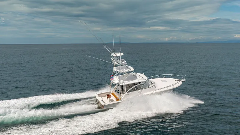 Slide: The Image of Aerial View of Cabo 40 Express This dynamic aerial shot captures the Cabo 40 Express slicing through open waters with power and precision. The vessel's sleek design is highlighted by its sturdy tower and spacious aft deck, perfect for sport fishing or leisure. The robust hull ensures a - 8511613