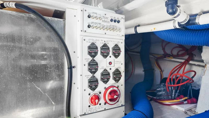 Slide: The Image of Engine Room Electrical Panel The image showcases the electrical panel within the engine room of the 2023 Cruisers Yachts 42 GLS. It features a well-organized layout with clearly labeled circuit breakers and switches for efficient power management. The bright blue and red wiring adds - 8619162