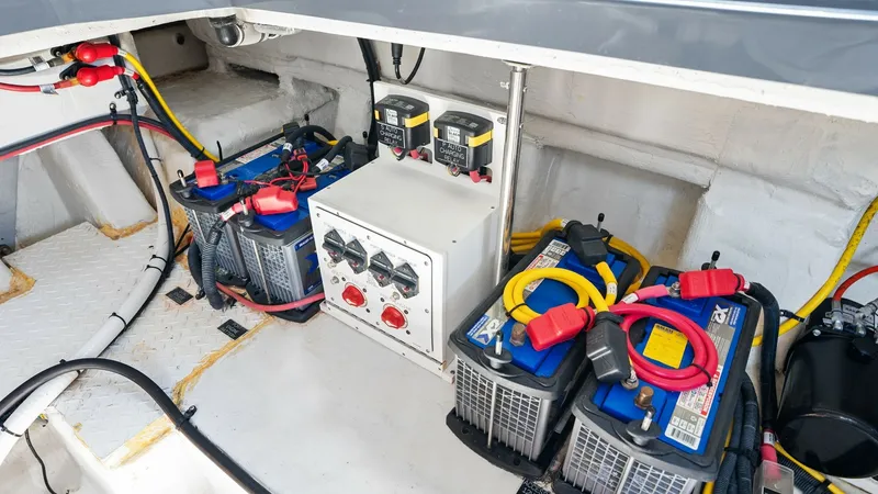 Slide: The Image of Engine Compartment with Battery Setup The image showcases the well-organized engine compartment of the 2023 Cruisers Yachts 42 GLS. Featured prominently are the neatly arranged batteries and electrical systems, ensuring efficient power management for the vessel. The clean layout and secure wi - 8619161