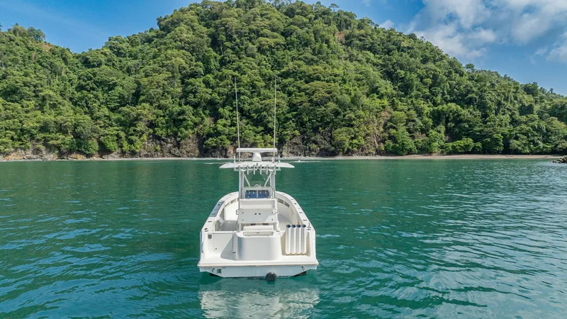 Slide: The Image of Aft View of SeaVee 32 This aft view of the 2013 SeaVee 32, 'Poco Mas', showcases a spacious deck designed for optimal fishing and leisure activities. The open layout provides easy access to storage compartments and rod holders, enhancing functionality for avid anglers. The ser - 8738112