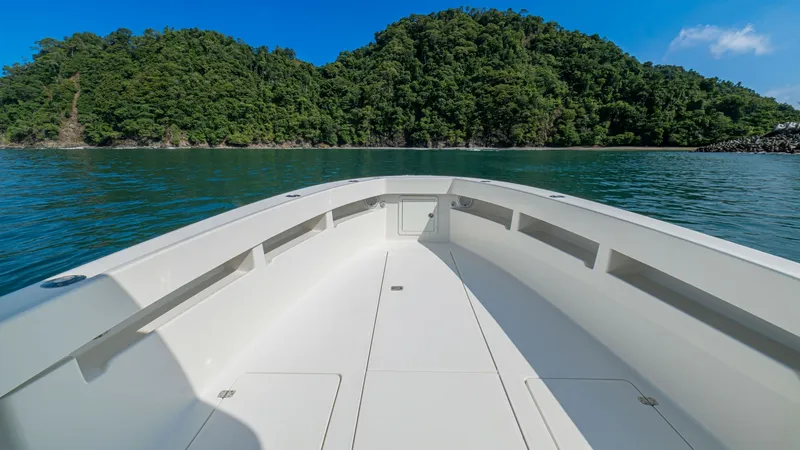 Slide: The Image of Spacious Bow Area with Storage The bow of the 2013 SeaVee 32, Poco Mas, offers a spacious and uncluttered deck, ideal for relaxing or fishing. Featuring ample storage compartments beneath the deck, it ensures gear and equipment are neatly stowed away. The sleek design and clean lines a - 8738102