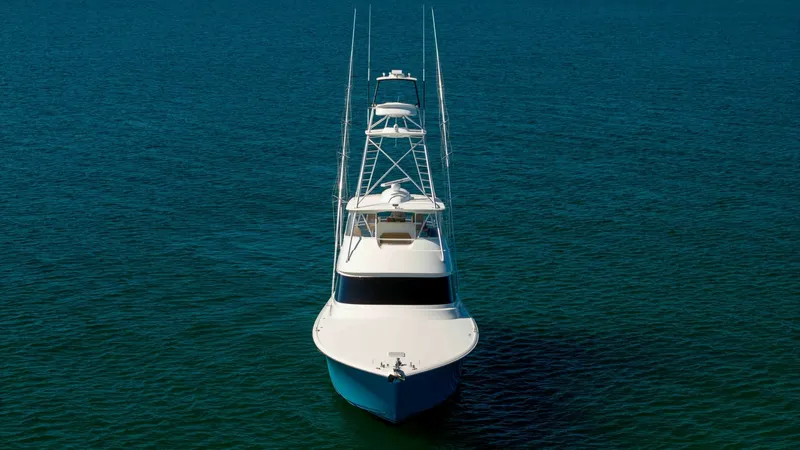 Slide: The Image of Bow View of Viking 68 Convertible The striking bow view of the 2019 Viking 68 Convertible showcases its sleek, powerful design against the open sea. The elegant lines and towering sportfishing tower highlight the vessel's prowess and sophistication. This angle emphasizes the yacht's robus - 8679308