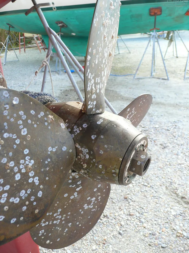 Slide: The Image of Propeller of 1991 Island Packet 38 sailboat with barnacle growth, on dry dock. - 26